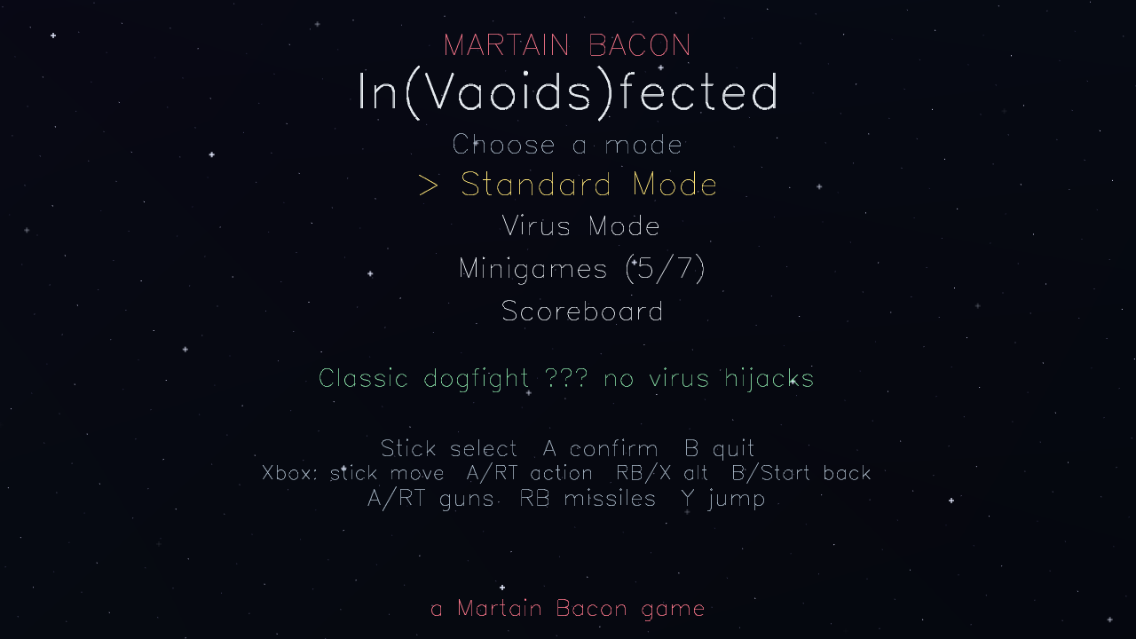 Main menu showing Standard, Virus, Minigames, and Scoreboard