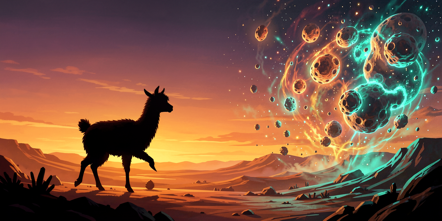 Martian Bacon — llama on a Martian horizon beneath infected voids